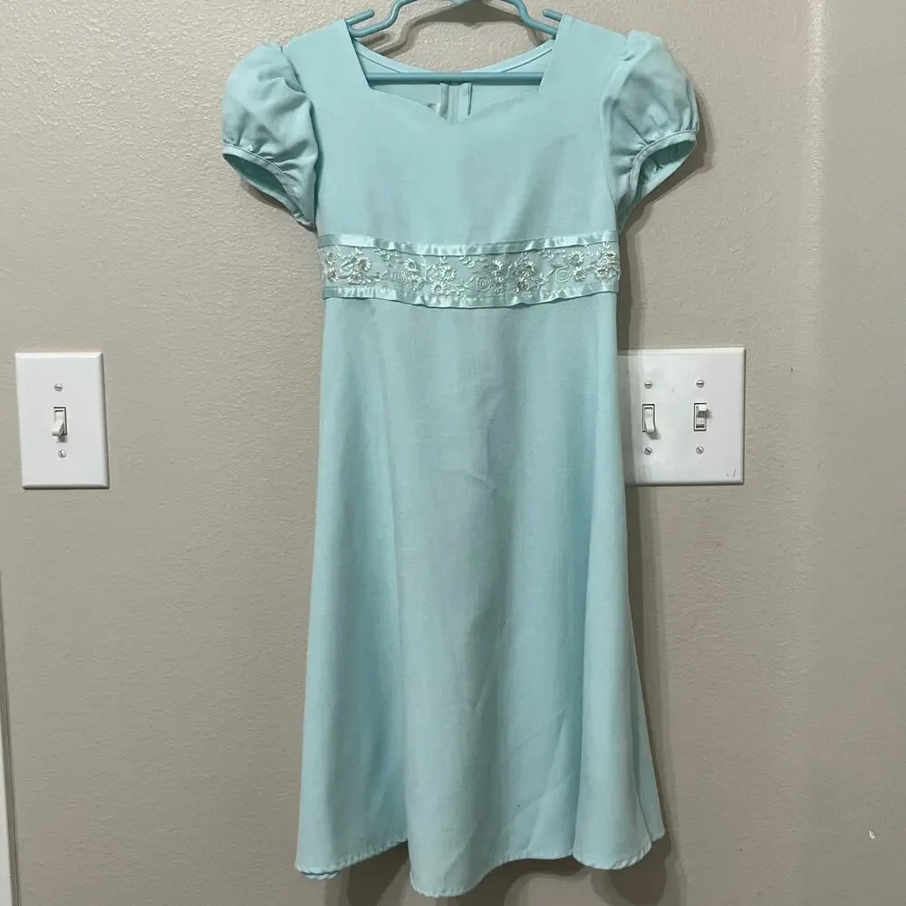 Bonnie Jean Girl’s Midi Dress Sz 6X A-line Linen Blend Powder Blue‎ Back Zip/Tie